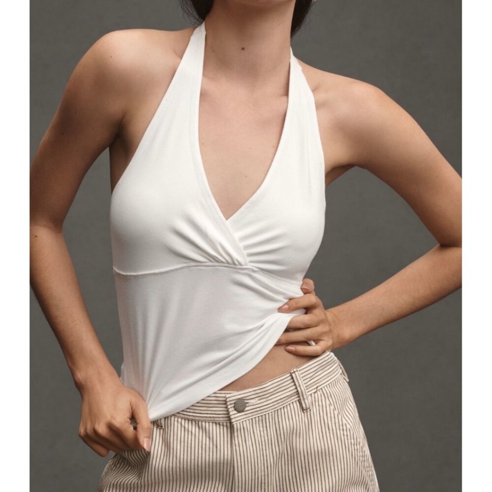 Pilcro Anthropologie Twist-Front Halter-Neck Top Size L White